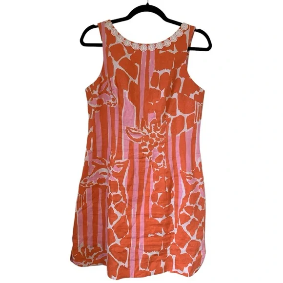 Lilly Pulitzer Pink Coral Sleeveless Mini Dress Giraffe Animal Print Linen Sz 6 - Picture 2 of 15